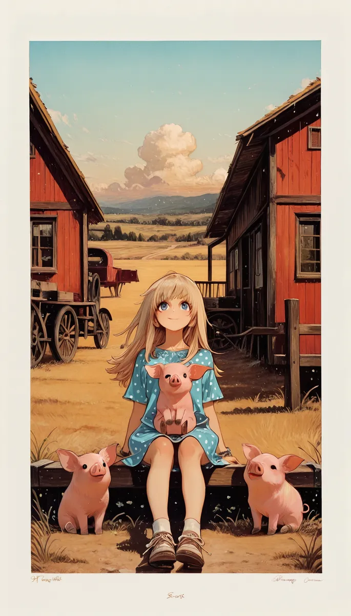 A girl in a blue polka dot summer dress sits happily on a wooden step in a barnyard during golden hour, holding a baby pig with two other piglets nearby.
