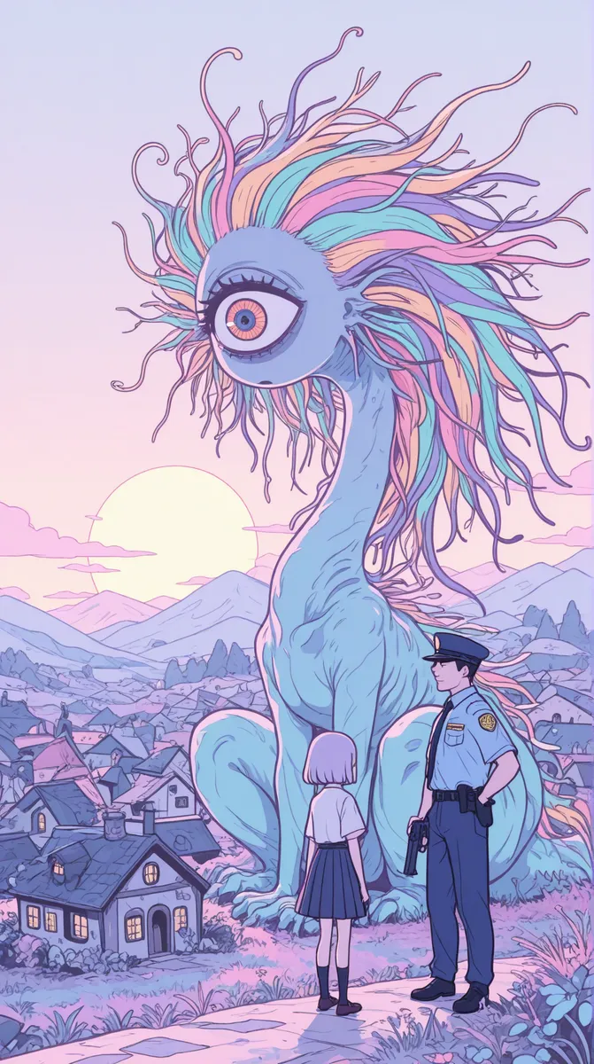 A surreal female cyclops monster with a long neck and colorful long hair facing a male policeman holding a gun, set in a pastel-colored small village at sunset.