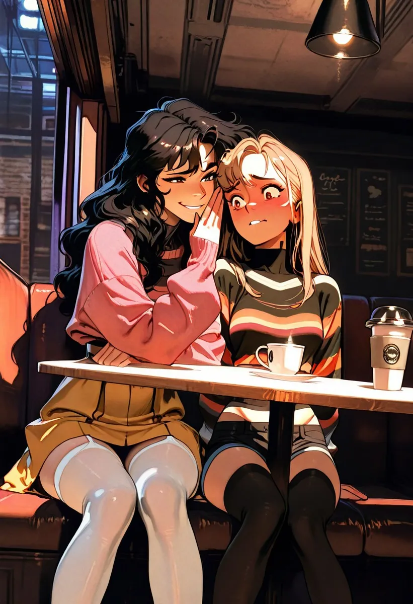 Two women sitting in a dark coffee shop booth, one with dark hair whispering to a blonde woman wearing a striped shirt, both dressed in retro style with stockings