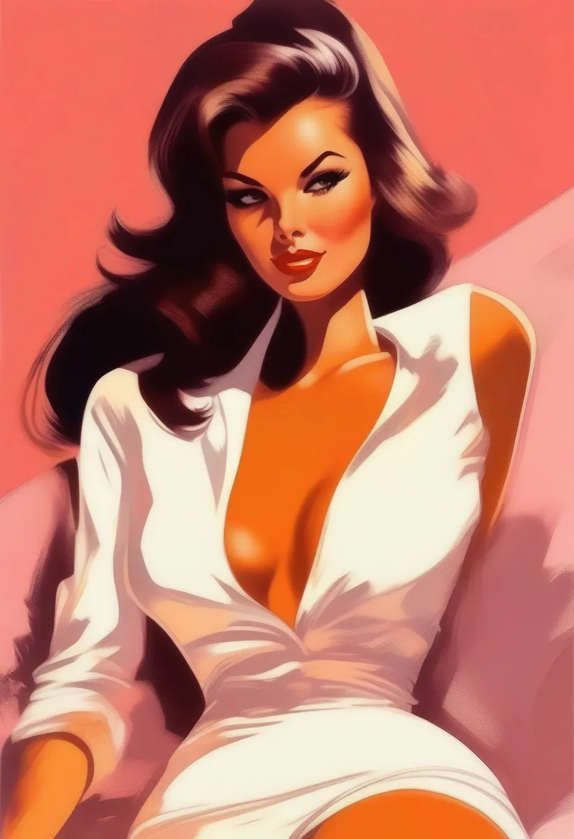 Stylized illustration of a glamorous woman in a white dress with voluminous dark hair, depicted in a minimalistic Dennis Mukai playboy style against a warm pink background.