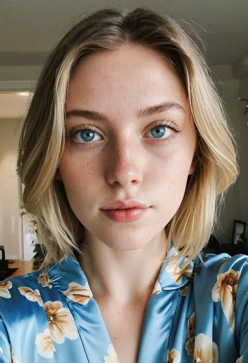 Close-up selfie of a 23-year-old woman with blue eyes and bob hair wearing blue floral silk pajamas in natural lighting indoors.