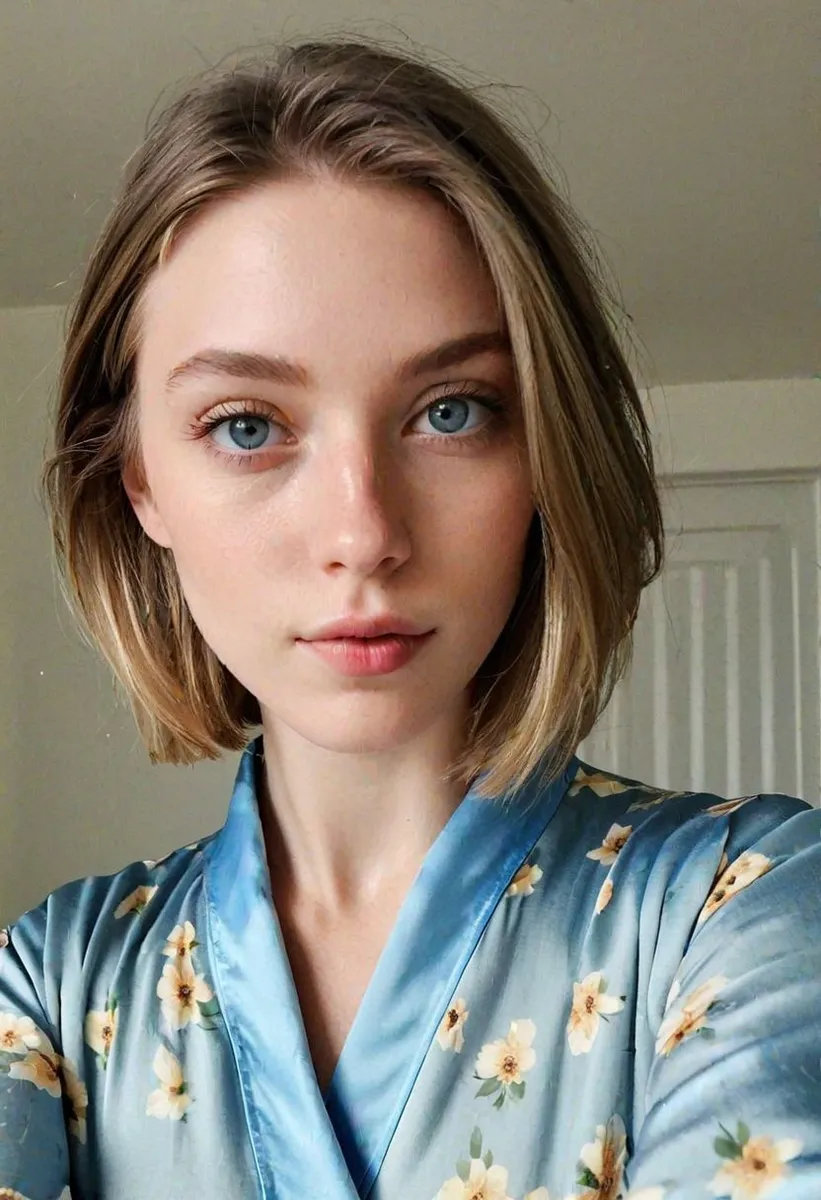 Closeup selfie of a young woman with blue eyes and bob hair wearing a blue silk floral pajama top in natural lighting.