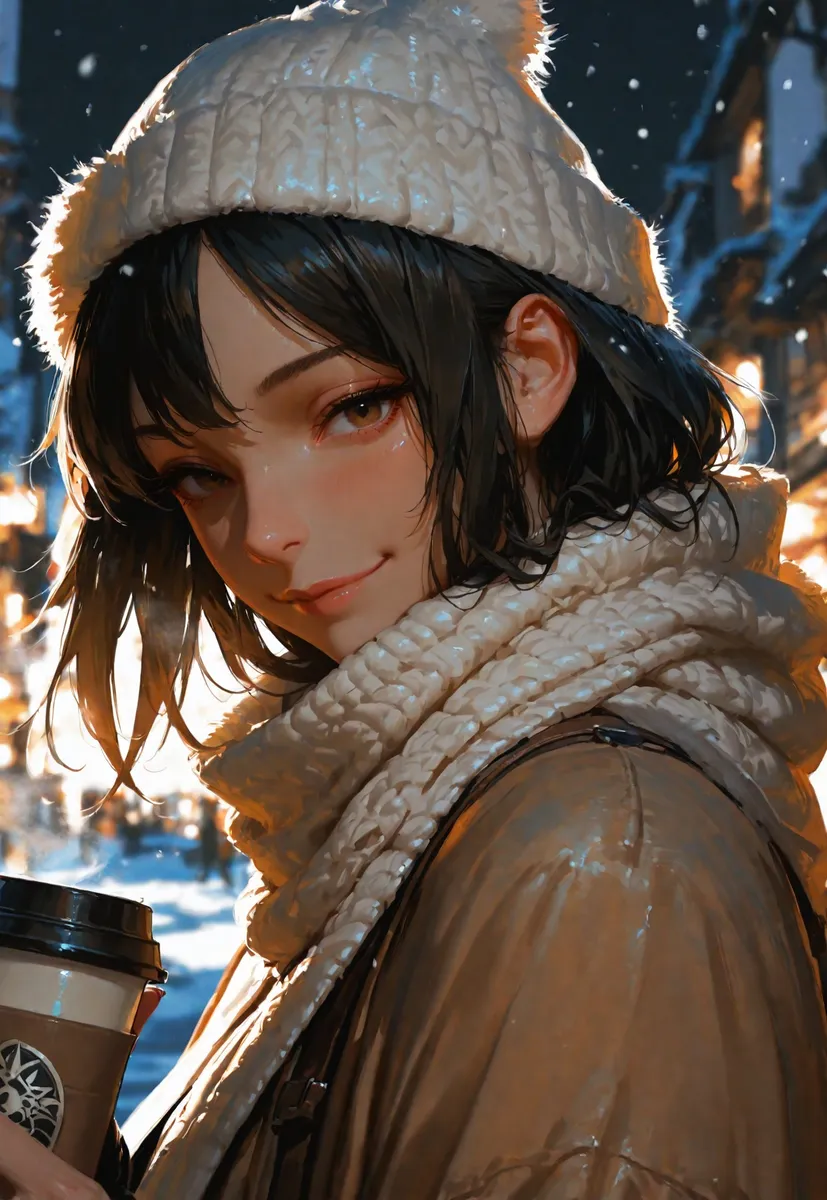 Close-up portrait of an Asian girl wearing a white knitted hat and scarf, holding a coffee cup outdoors on a snowy street with cinematic lighting and a blurred background.