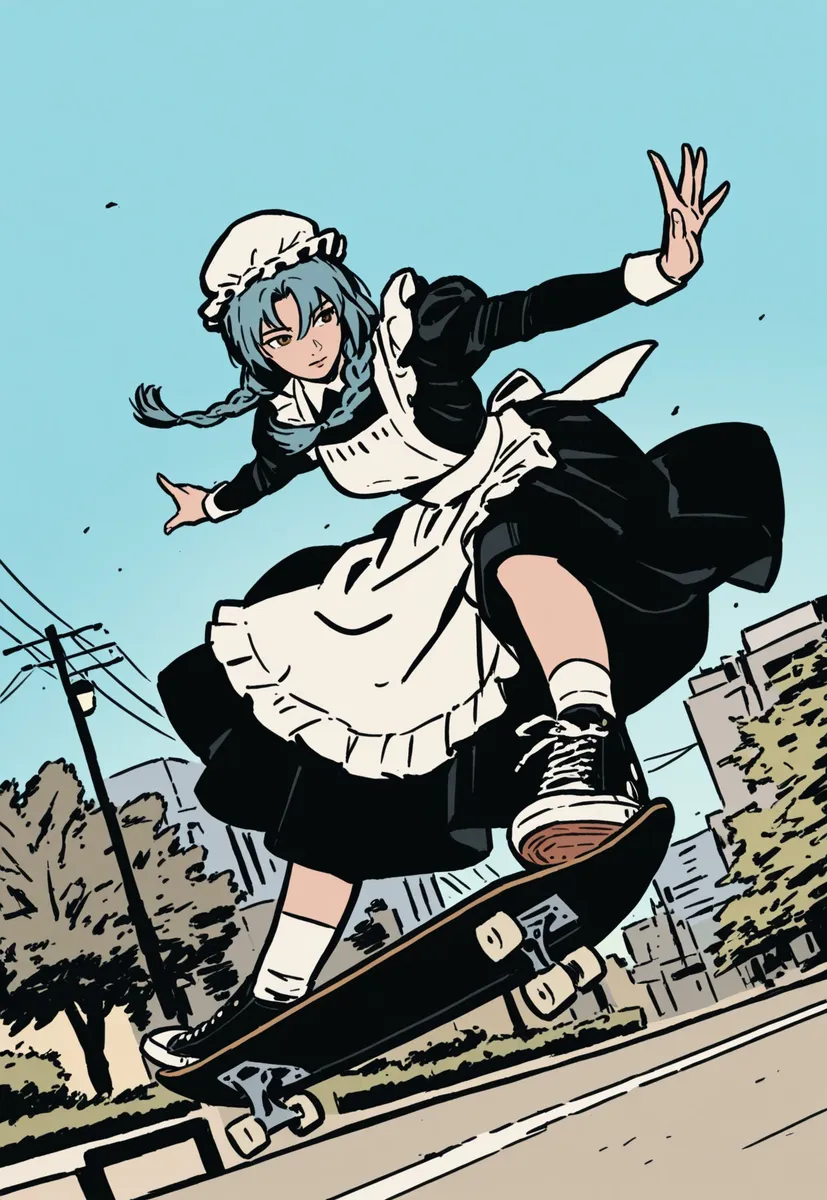 A blue-haired maid with low twin braids is performing a dynamic skateboarding trick in midair in an urban park, wearing a black dress, white apron, and black Converse shoes.