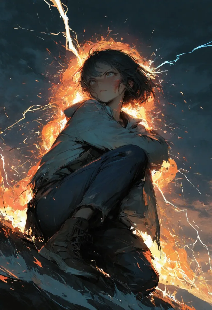A young woman with a serious expression crouches in an action pose surrounded by fire burns, explosions, and lightning with a dramatic cinematic background.