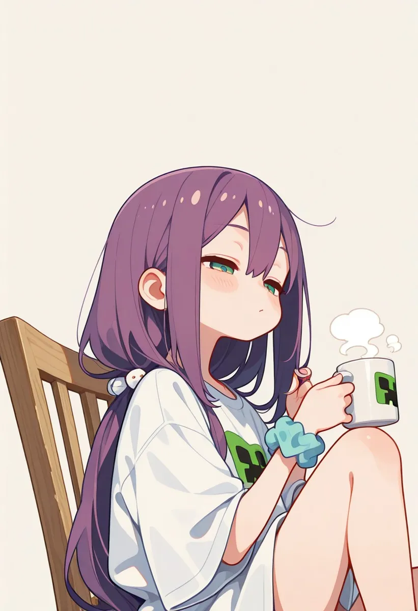 Anime girl with long purple hair sitting on a wooden chair, wearing an oversized shirt with a creeper print, holding a steaming coffee mug, depicted with pastel colors.