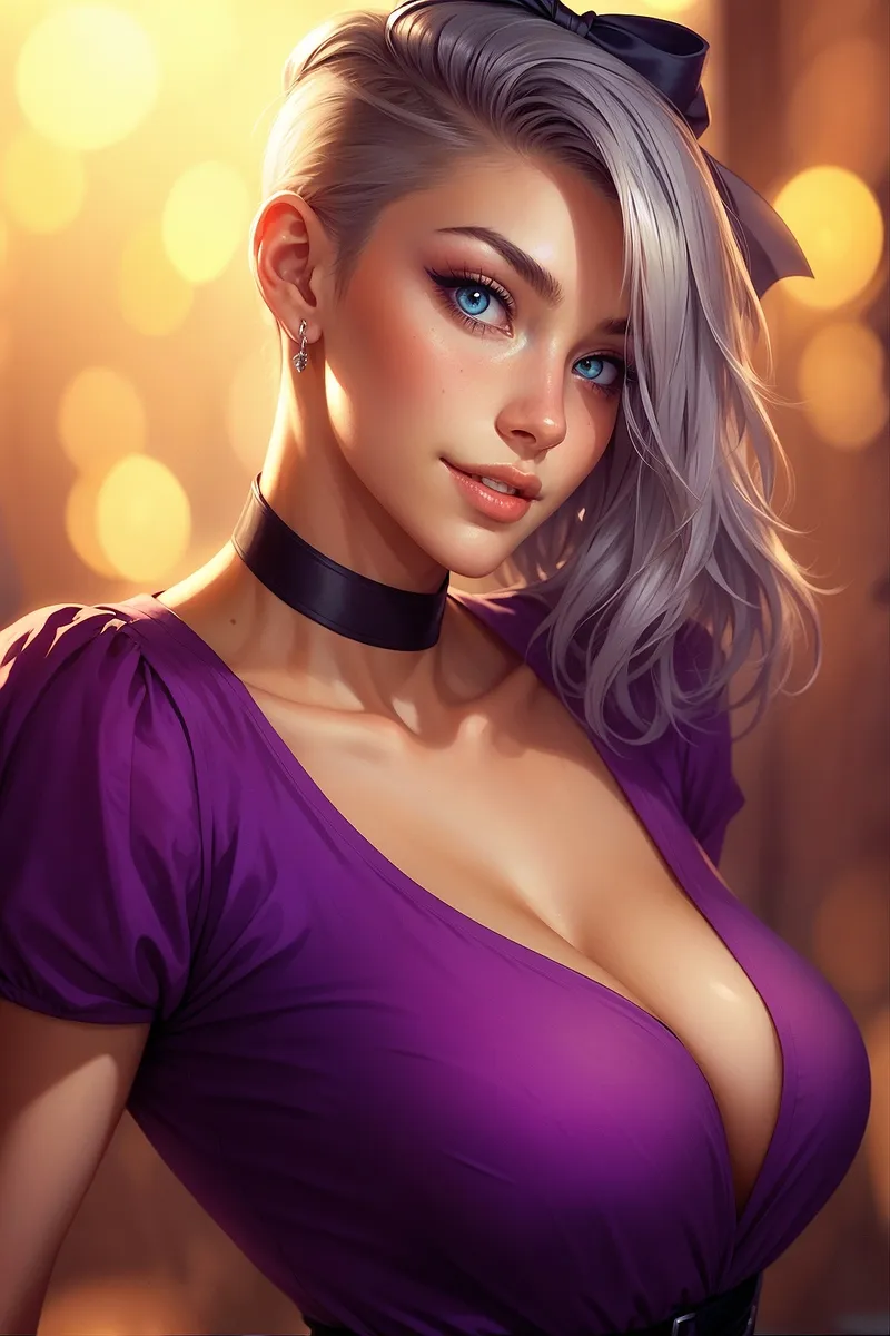 Digital artwork of a woman with light blue hair styled in loose waves, wearing a purple deep neckline top, black choker, hoop earring, with a warm golden bokeh background.