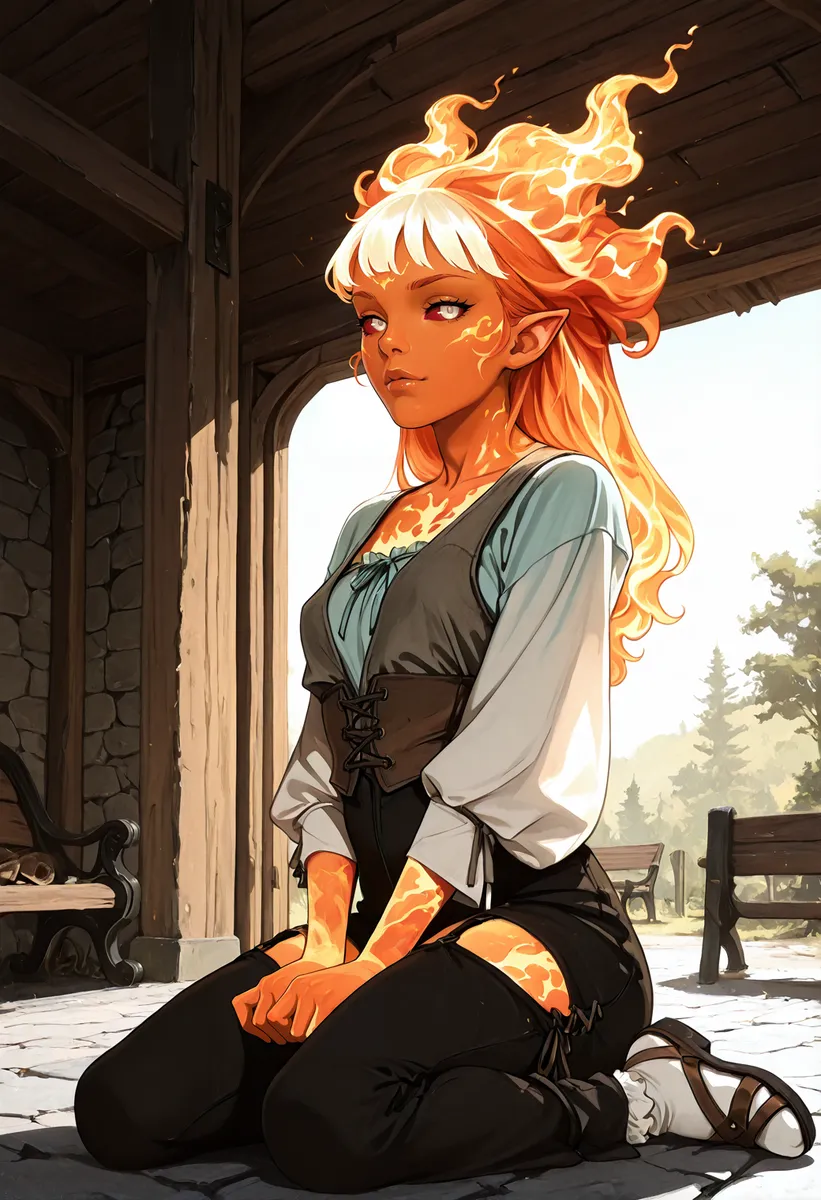 A fantasy FireGenasi girl with flaming hair kneeling indoors in a rustic medieval tavern with dynamic lighting and ambient occlusion effects.