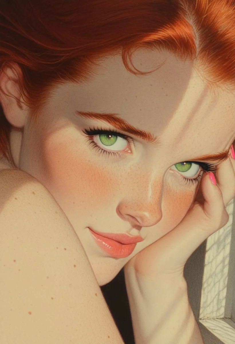 Close-up portrait of a red-haired girl with green eyes, freckles, and blushing cheeks, showing realistic skin details and subtle chiaroscuro lighting.
