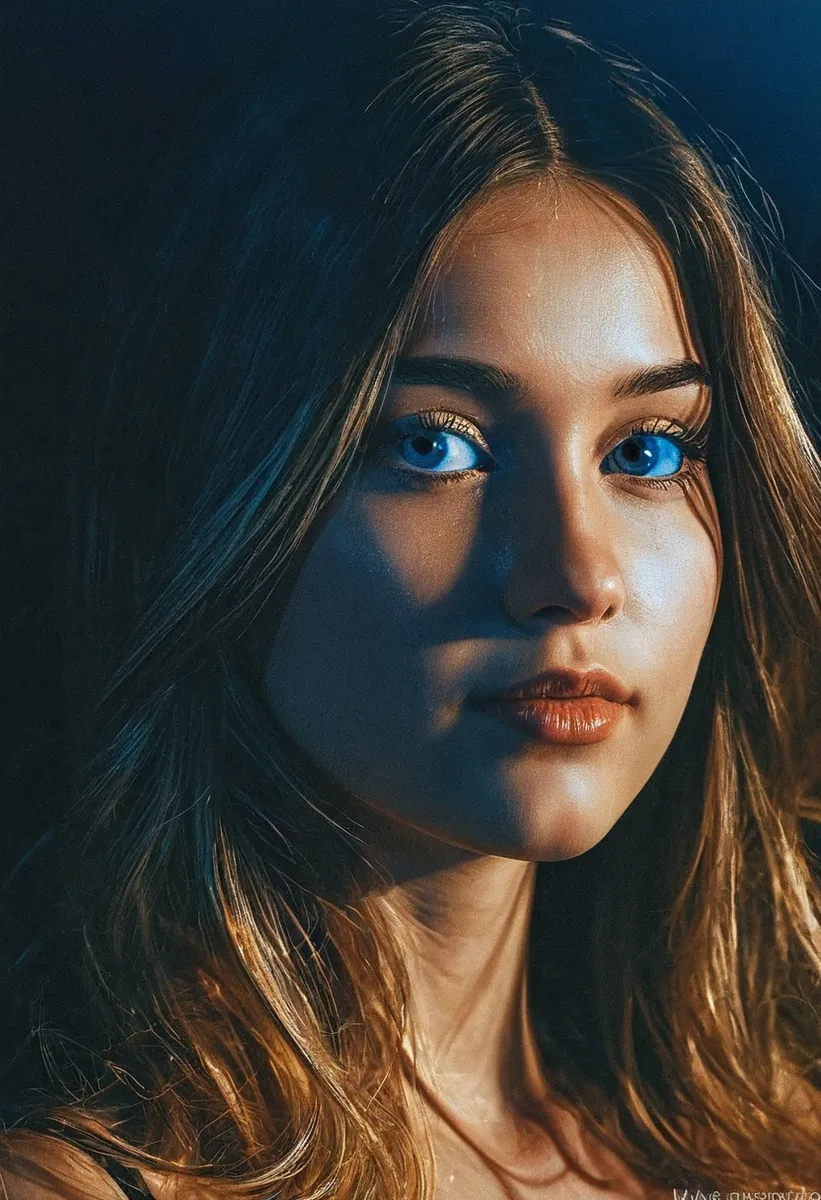 Portrait of a young woman with striking blue eyes illuminated by warm golden light on the left and cool blue light on the right, set against a dark gradient background.