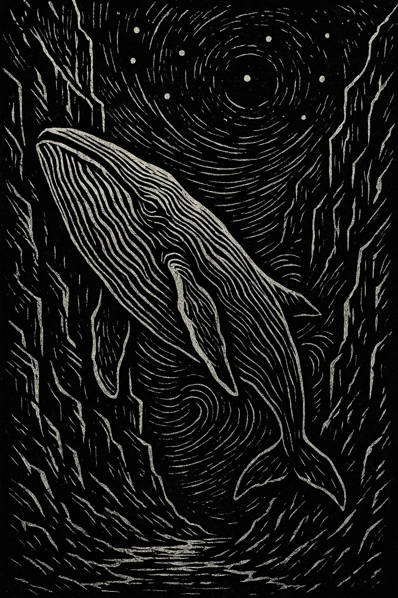 High-contrast linocut-inspired carving of a colossal whale floating through a nighttime canyon with stylized jagged canyon walls and symbolic geometric stars.