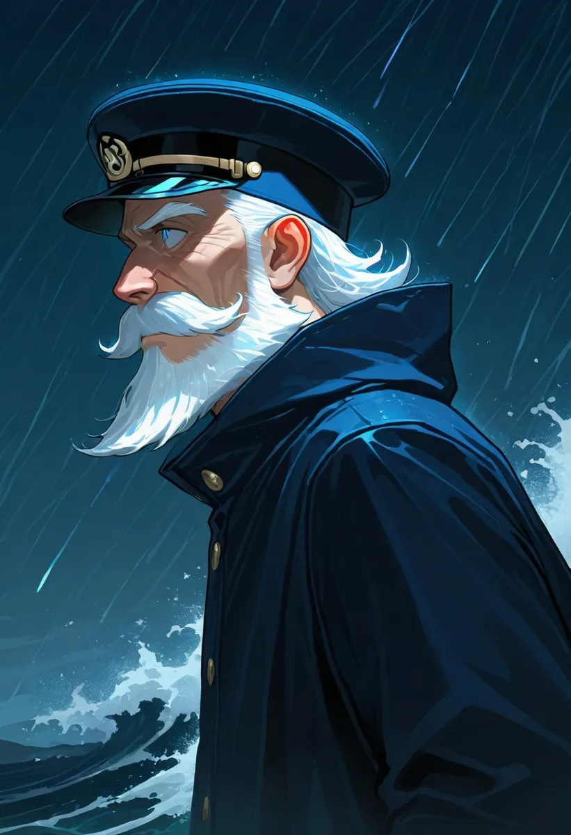 Side view portrait of a thoughtful old captain with white hair and beard, wearing a navy raincoat and captain's hat in a stormy night sea.