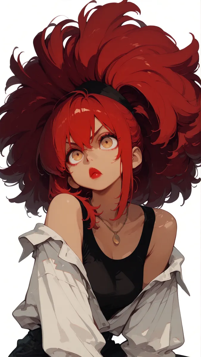 A stylized young woman with vivid red big hair tied in a wide ponytail, striking a dojikko pose with puckered lips, wearing a black tank top under a loose white shirt and a necklace, set against a simple white background.