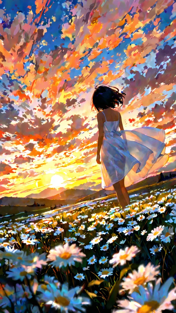 Girl in white sundress standing in a daisy field during a vibrant impressionist-style sunset with dramatic clouds and hills in the background.