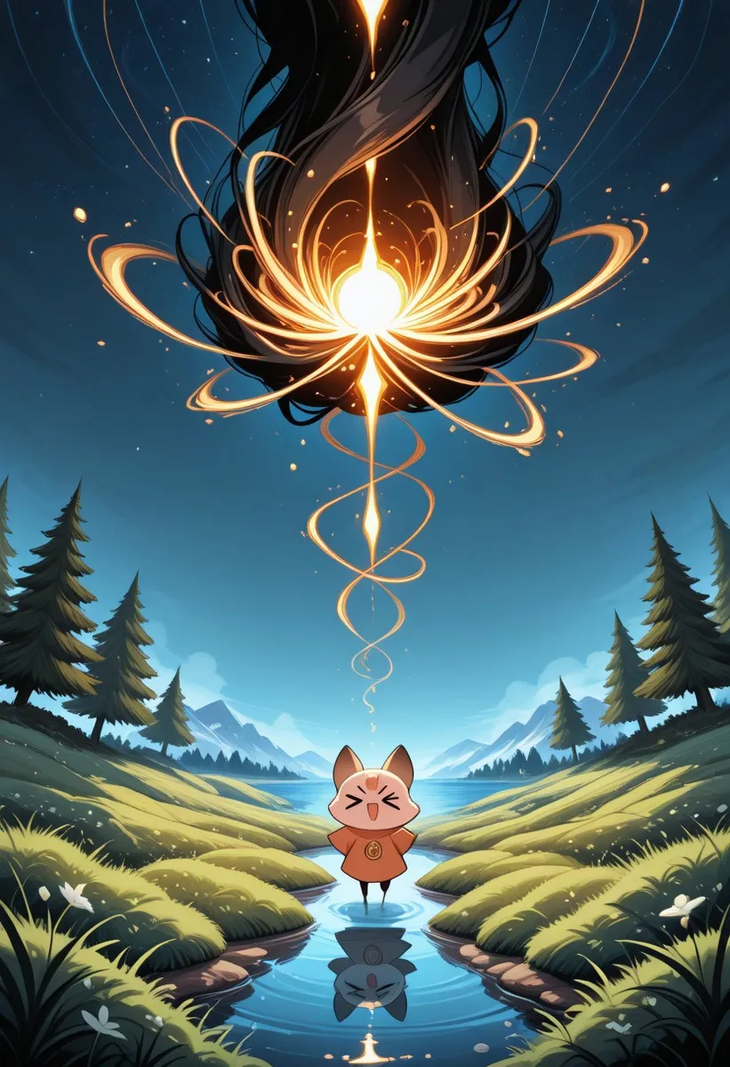 A cute, small character stands in a river reflecting a glowing magical orb suspended above in a forest valley under a starry night sky.