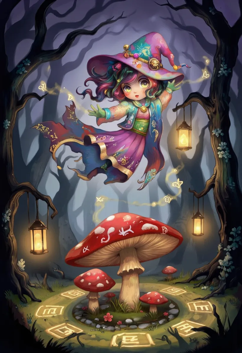 A chibi witch with oversized glowing eyes and a pastel-colored outfit adorned with charms floats above a red mushroom circle in a misty enchanted forest, surrounded by glowing runes and lanterns.