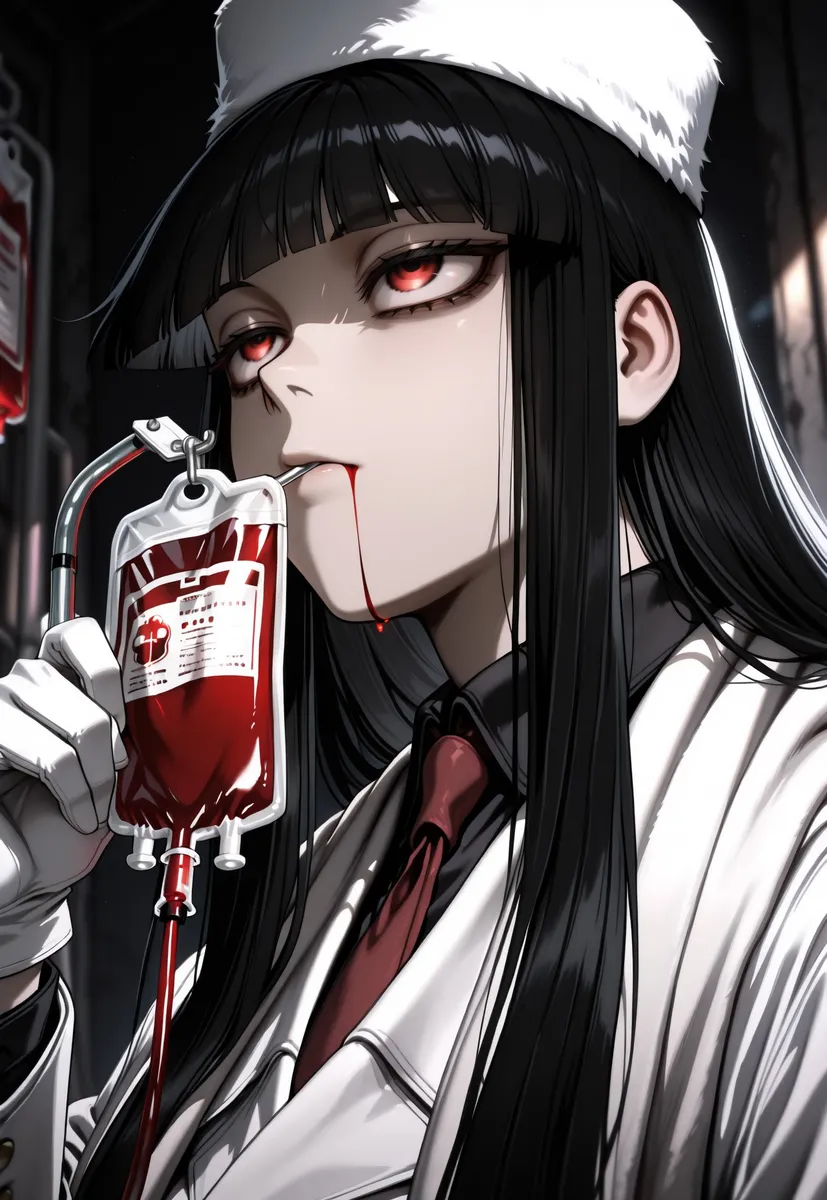 Close-up portrait of an anime girl with black hair and red eyes drinking blood from a blood bag held by an intravenous drip, wearing a white coat and fur hat in dim chiaroscuro lighting.