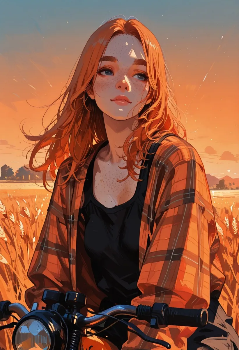 Close-up realistic painting of a ginger woman with freckles and grey eyes, wearing a black tank top and open orange plaid shirt, standing beside a dirt bike in a wheat field during sunset with warm Rembrandt lighting.