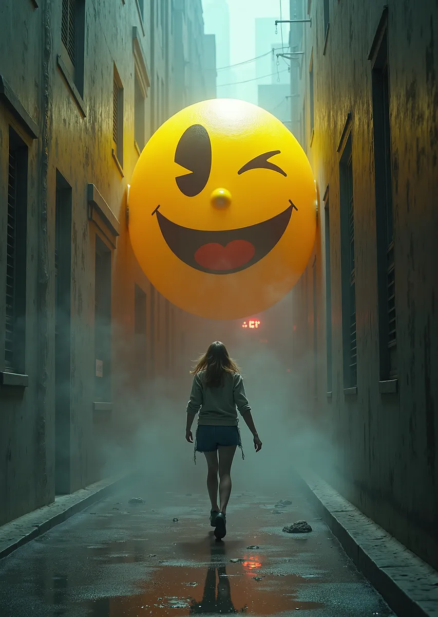 A towering, enormous Pac-Man with glowing yellow skin and an unsettling smile hovers in a foggy narrow urban alley, while a woman runs away, backlit by cinematic lighting.