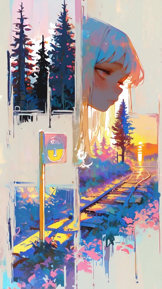 A stylized impressionism painting of a girl looking out near railroad tracks during sunset with pine trees and a speed limit sign, rendered in pastel colors.
