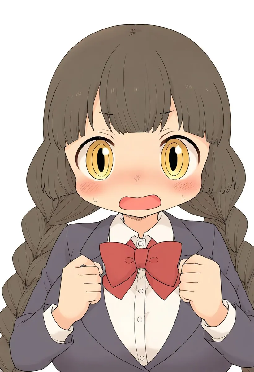연한 갈색 쌍머리, 크고 노란 눈, 짙은 회색 블레이저와 흰 셔츠, 빨간 나비 넥타이를 착용한 애니메이션 학교 소녀가 놀란 표정으로 바라보고 있음.