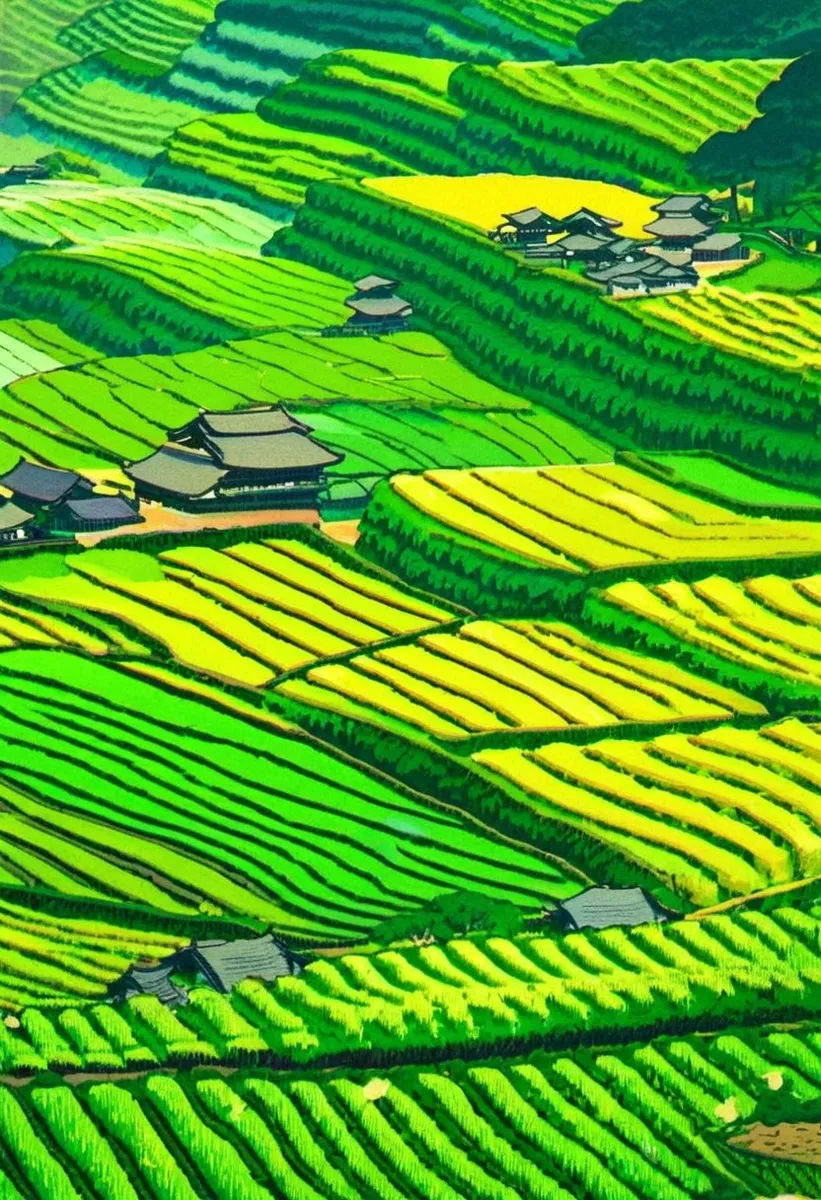 Vibrant terraced rice fields in Hoshitoge under early morning mist with traditional houses scattered among lush green paddies and rolling hills.