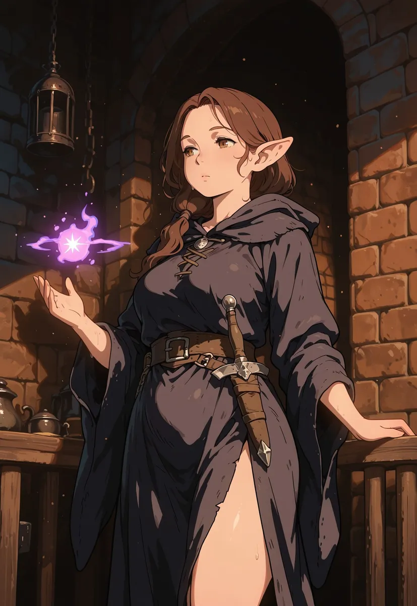 A fantasy halfling woman with brown hair and brown eyes wearing a dark medieval robe, standing in a dungeon with brick walls, casting a glowing purple magical orb with a stern, distrustful expression.