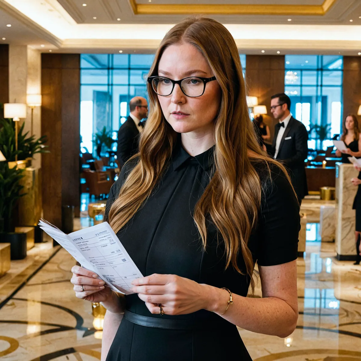 Young woman with long hair and glasses in a black dress holding a check book with an unhappy expression, standing in a luxury hotel lobby.