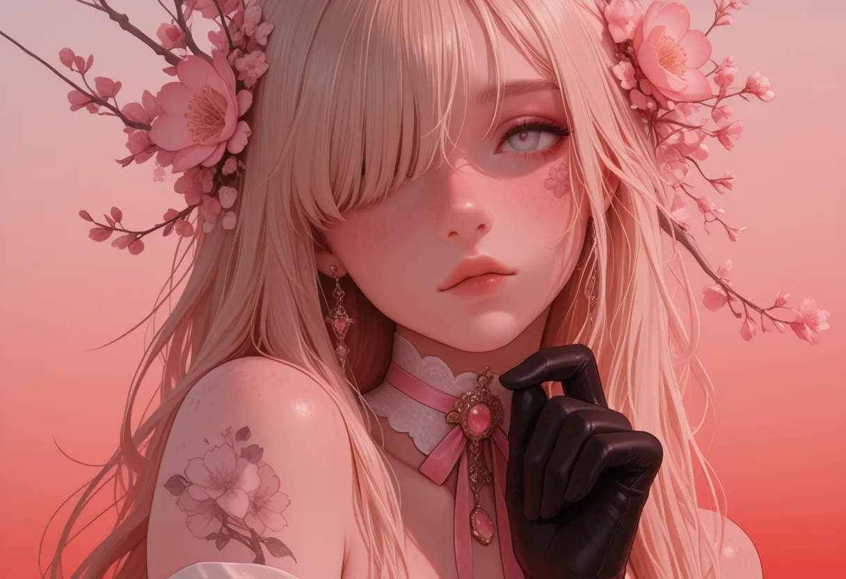 Portrait of a blonde girl with long hair adorned with pink flowers, a flower tattoo on her shoulder, wearing black gloves and detailed jewelry, set against a pink gradient background.