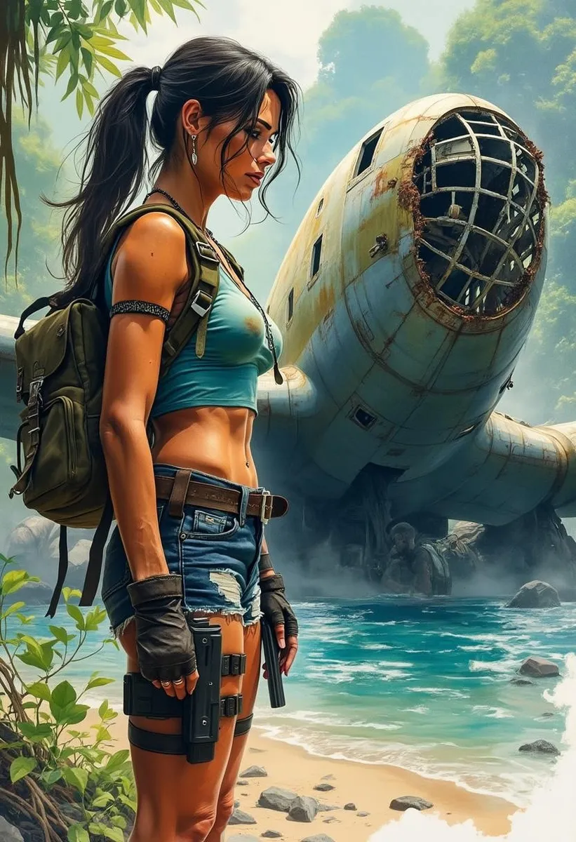 Photorealistic image of Lara Croft with long dark hair in a dirty aqua crop top and denim shorts, standing by a rusted, overgrown World War II American bomber wreck on a jungle beach.