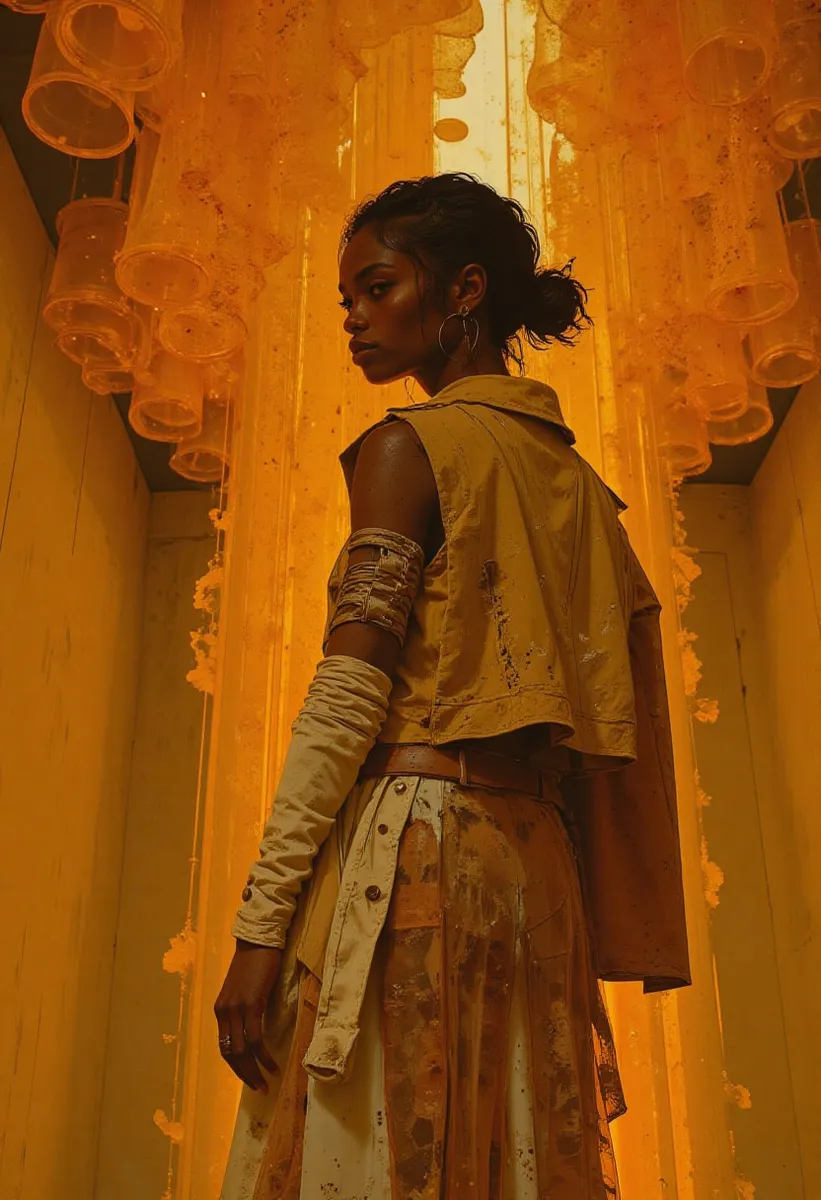 A Black woman with dark skin and short curly hair stands indoors under a glowing amber fabric art installation. She wears an avant-garde ochre outfit with arm wraps and a layered skirt, illuminated by warm golden light.
