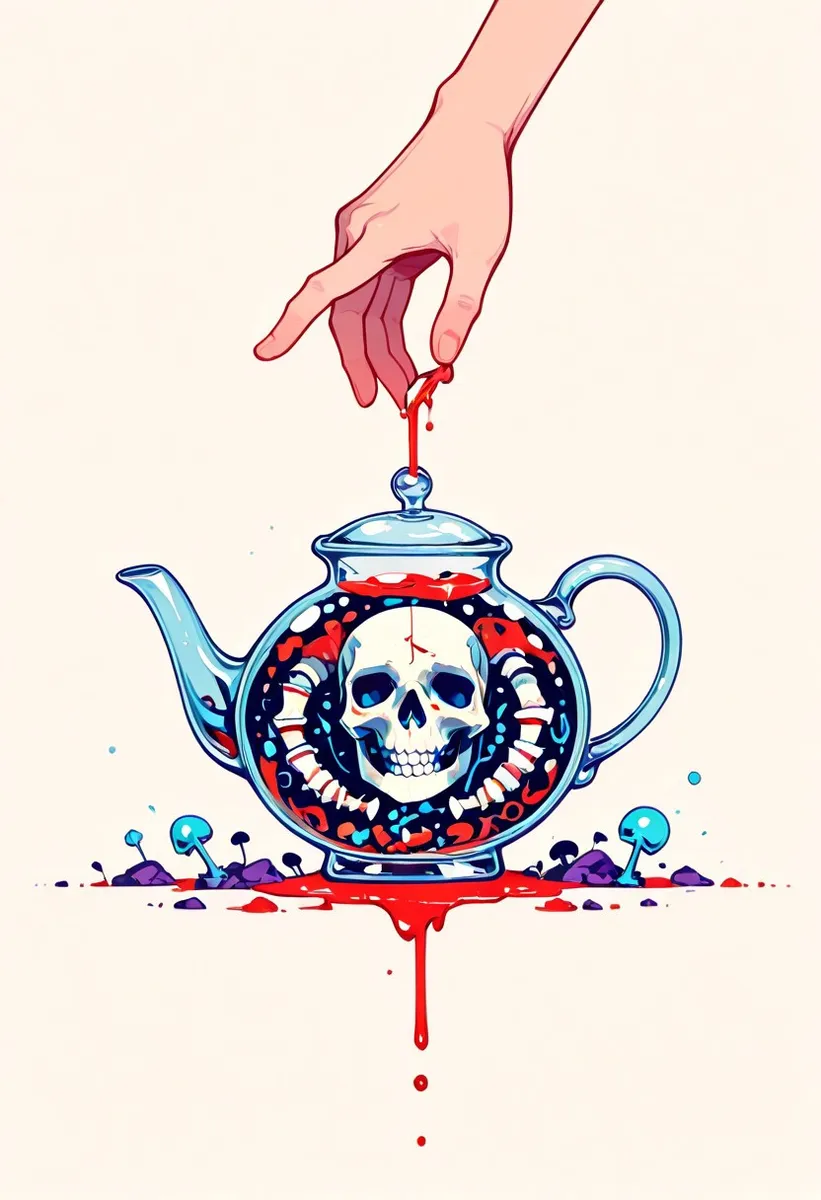 A flat vector illustration of a transparent Murano glass teapot containing a detailed skull and bones with swirling red blood inside, held by a dripping hand on a minimalist background.