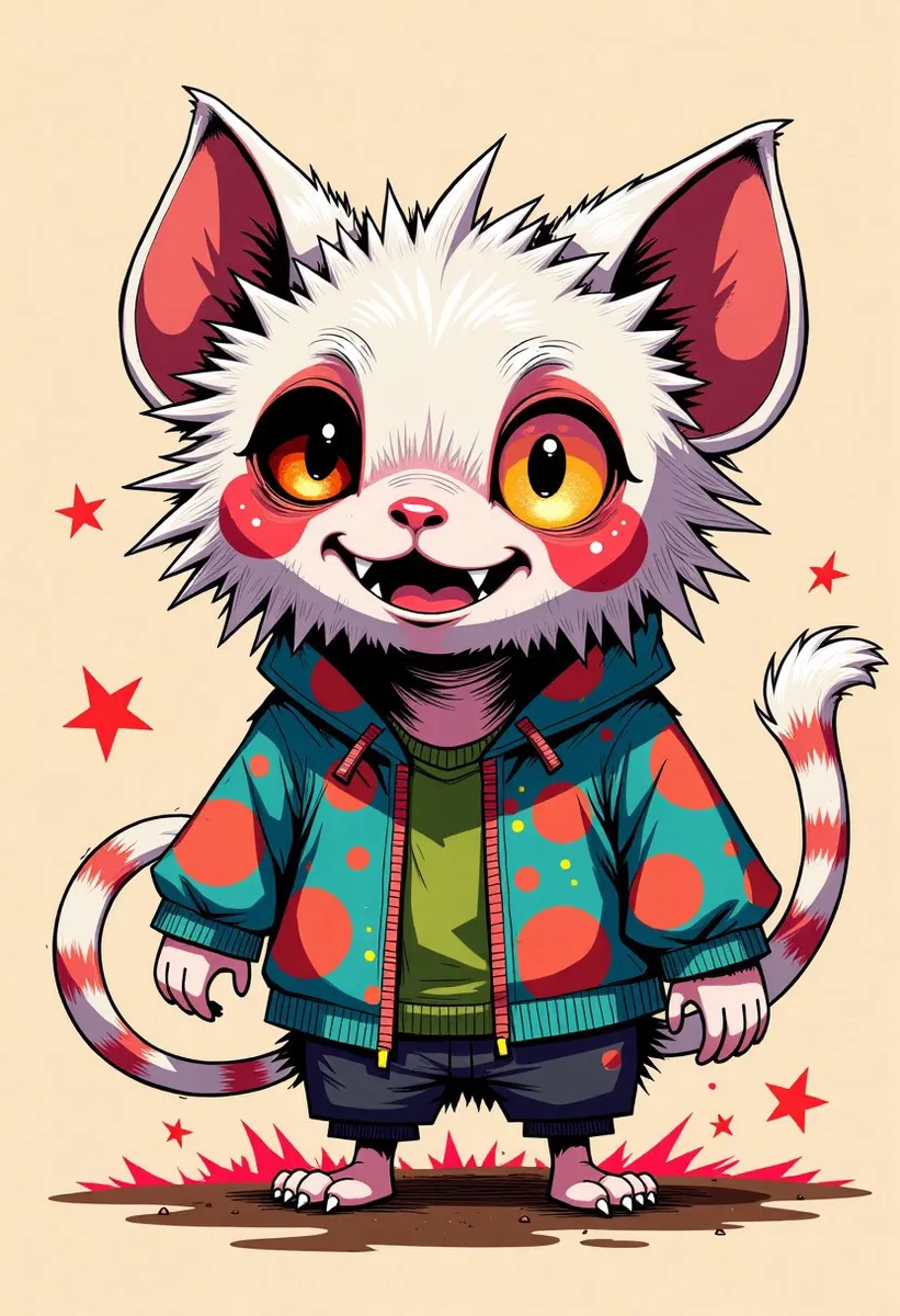 A cute anthropomorphic monster dressed like a cat with fluffy white fur, big golden eyes, wearing a colorful hoodie and shorts, smiling playfully.