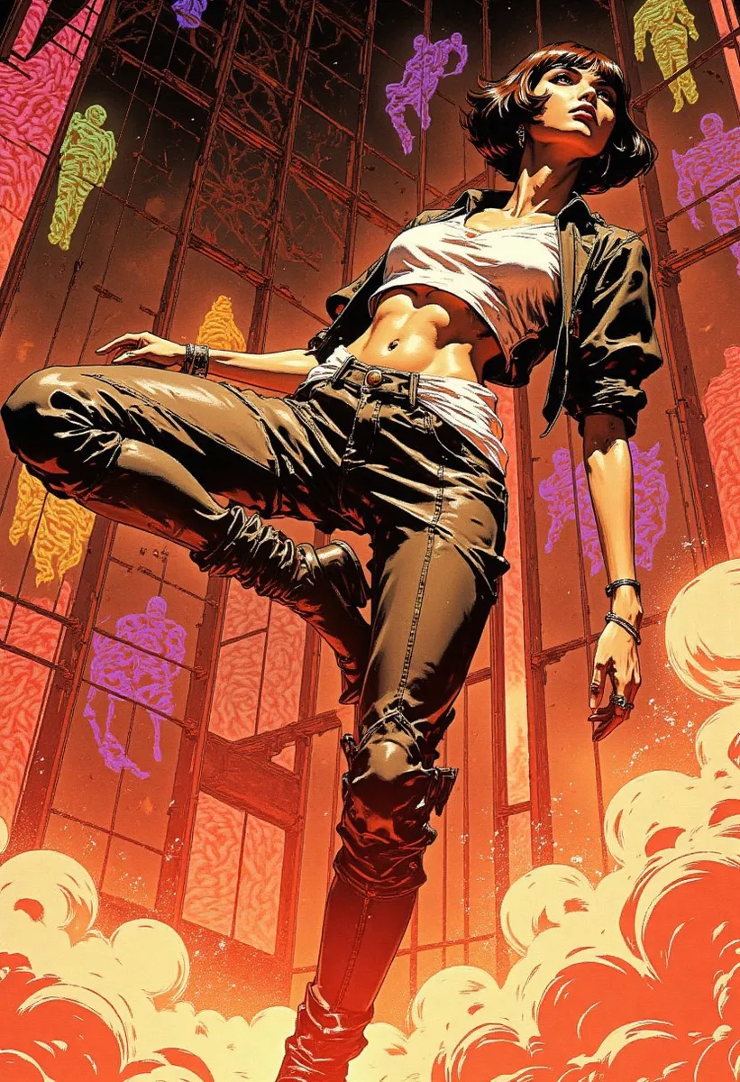 A slender Japanese woman strikes a dynamic, eccentric pose inspired by JoJo's Bizarre Adventure, with a holographic grid background filled with warm-colored patterned figures.