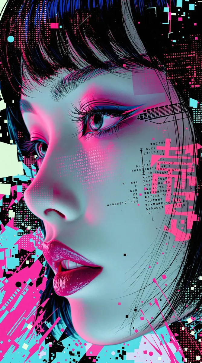 Extreme close-up digital portrait of a Japanese cyborg woman in bold pop-art style with halftone textures, vibrant pink and blue overlays, and cybernetic facial details.