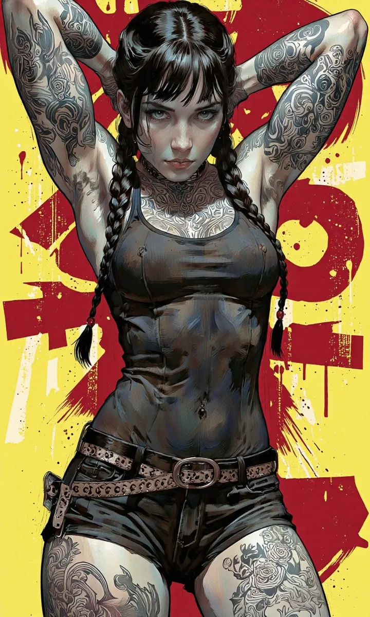 Digital illustration of a confident tattooed woman with braided black hair, wearing a black tank top and shorts, with intricate tattoos covering her arms and legs, standing against a yellow and red grungy background.