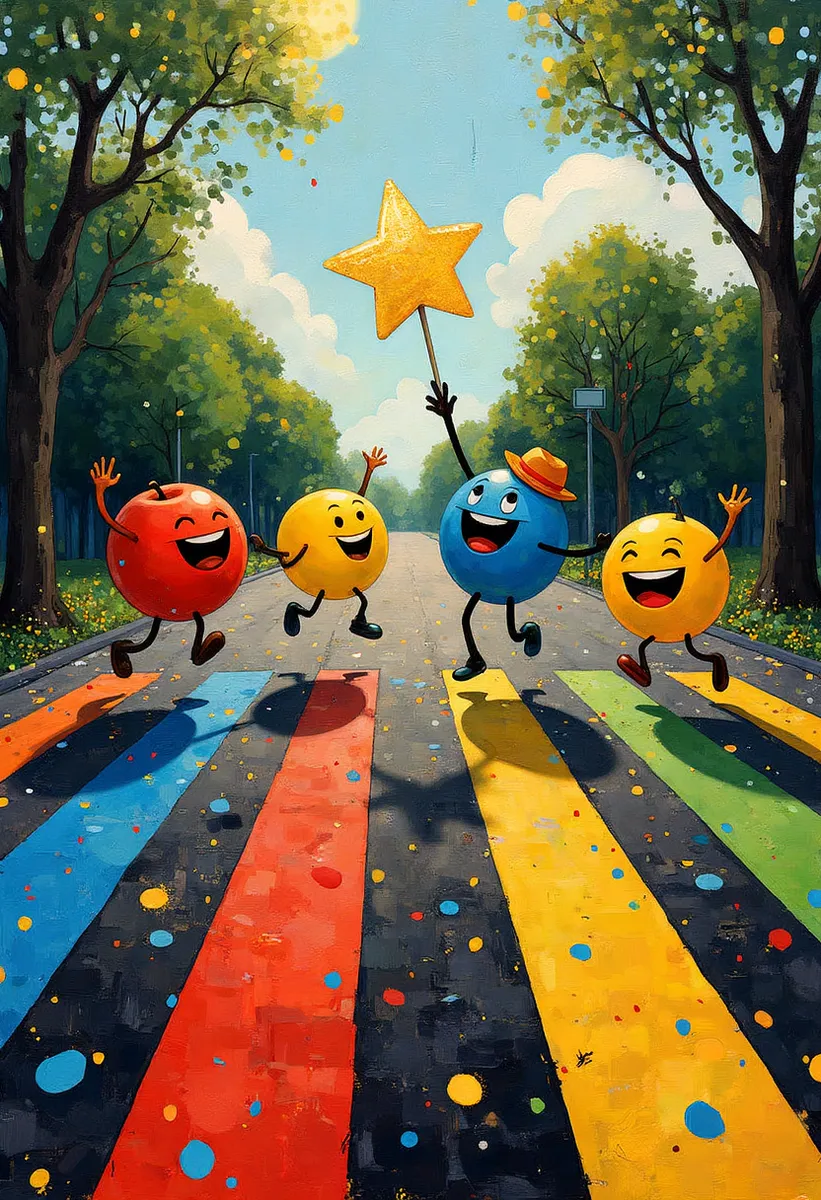 Colorful emojis joyfully jumping on a vibrant crosswalk beneath a large shimmering gold star, surrounded by tall trees under a bright sky.
