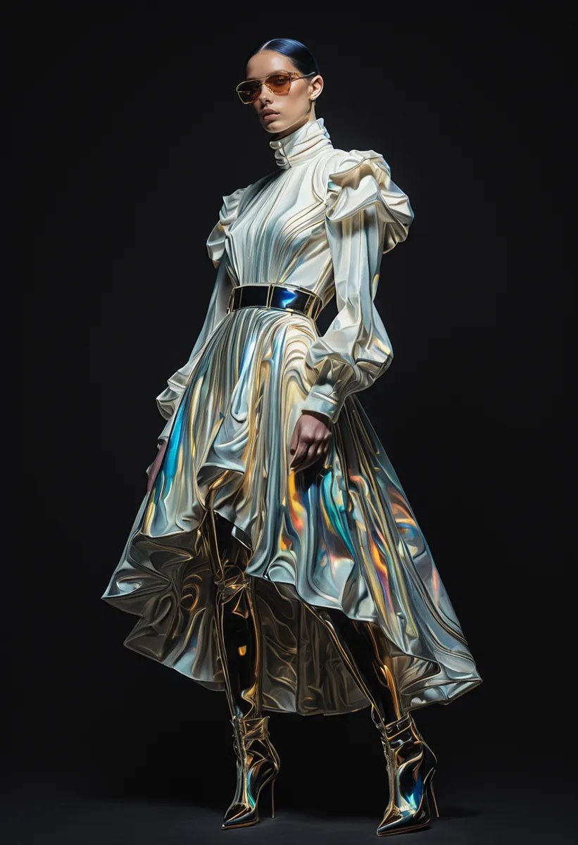 Full body portrait of a young woman in a glossy, futuristic long dress and shiny high-heeled boots standing against a black background.
