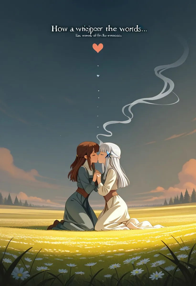 Two young women kneeling and kissing in a glowing yellow flower field at dawn under a soft sunset sky with a gentle heart-shaped smoke above them.