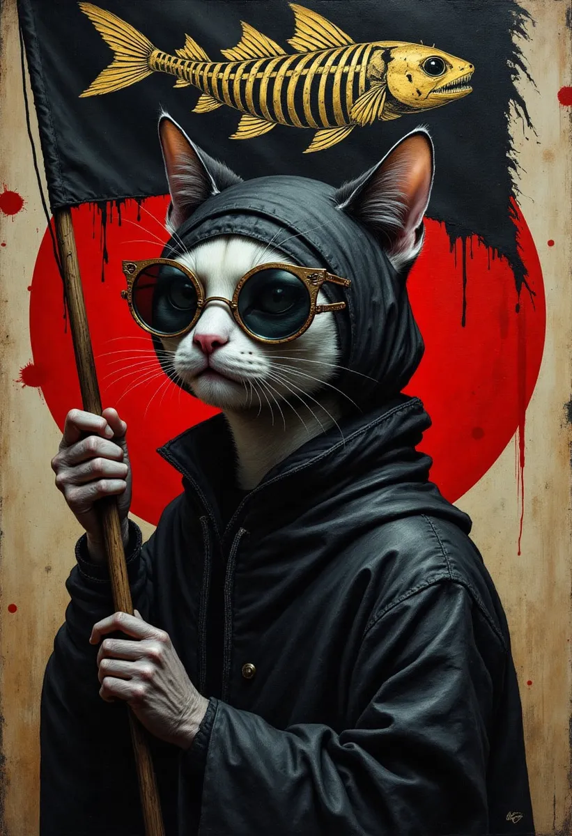 A surreal dark fantasy oil painting of a white cat wearing a black hooded cloak and round sunglasses, holding a black flag with a golden fish skeleton symbol on it, set against a bold red and black background.