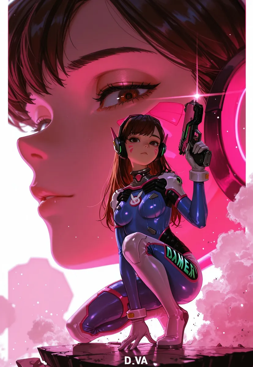 Digital art of D.Va from Overwatch kneeling in a detailed blue and white bodysuit with a handgun, set against a pink and white background with a large close-up of her face.