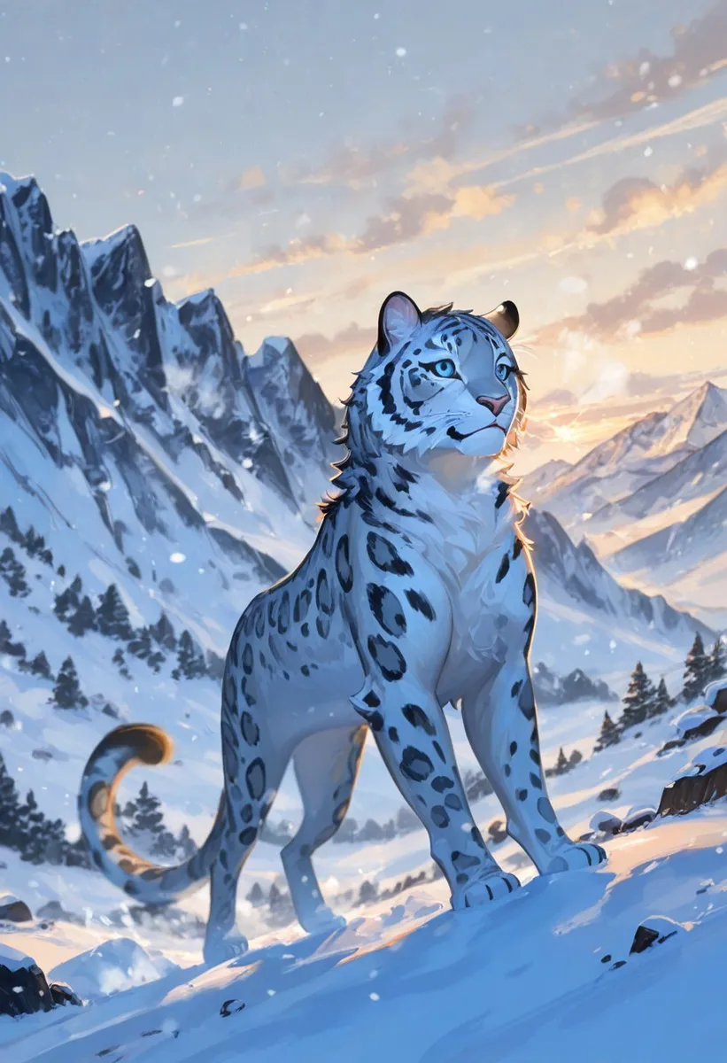 A majestic snowleopard stands poised on snowy alpine terrain during sunset, surrounded by snow-capped mountains and falling snowflakes.