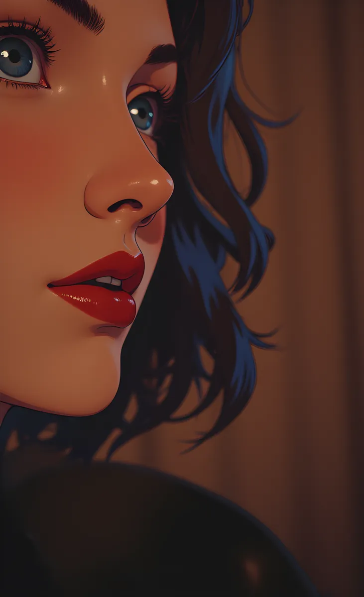 Extreme close-up side profile of a woman with dark brown hair highlighted with blue, intense blue eyes, and deep red lips, under soft cinematic lighting with a blurred dark background.