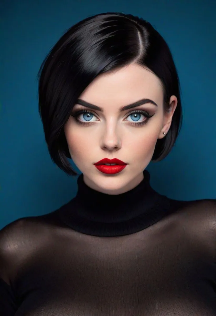 Portrait of a young woman with blue eyes, short black pixie haircut, red lips, black eyeliner and shadow, wearing a black sheer jumper against a blue background.