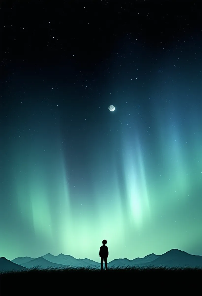 Silhouette of a solitary boy standing on grassy field beneath a glowing Aurora Borealis, with moon and stars above and distant mountain peaks.