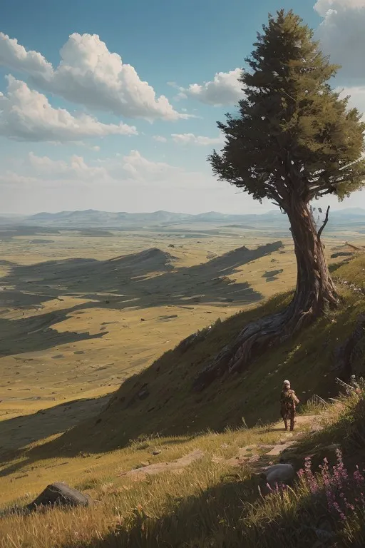 A vast steppe landscape under a bright sky with fluffy clouds, featuring low dry grass, rare squat dwarf trees, a winding path across hilly terrain, and a small distant river surrounded by greenery.
