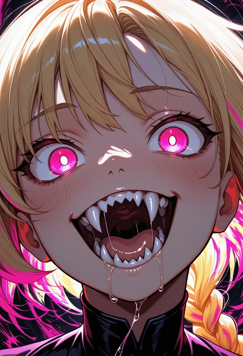 Close-up portrait of a vampire girl with glowing pink eyes, sharp fangs, blonde hair with colored streaks in a braid, drooling, and an intense crazed expression.