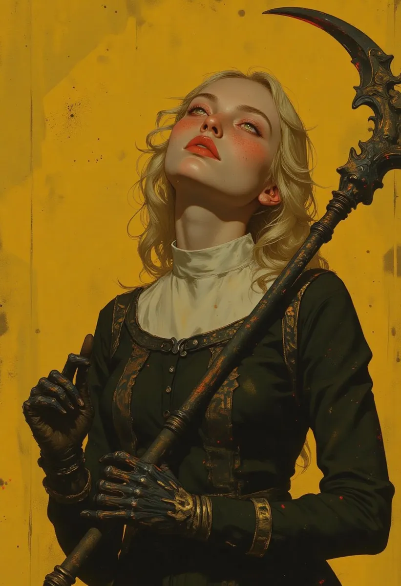 Digital illustration of a gothic nun with platinum blonde hair holding a menacing scythe against a yellow background
