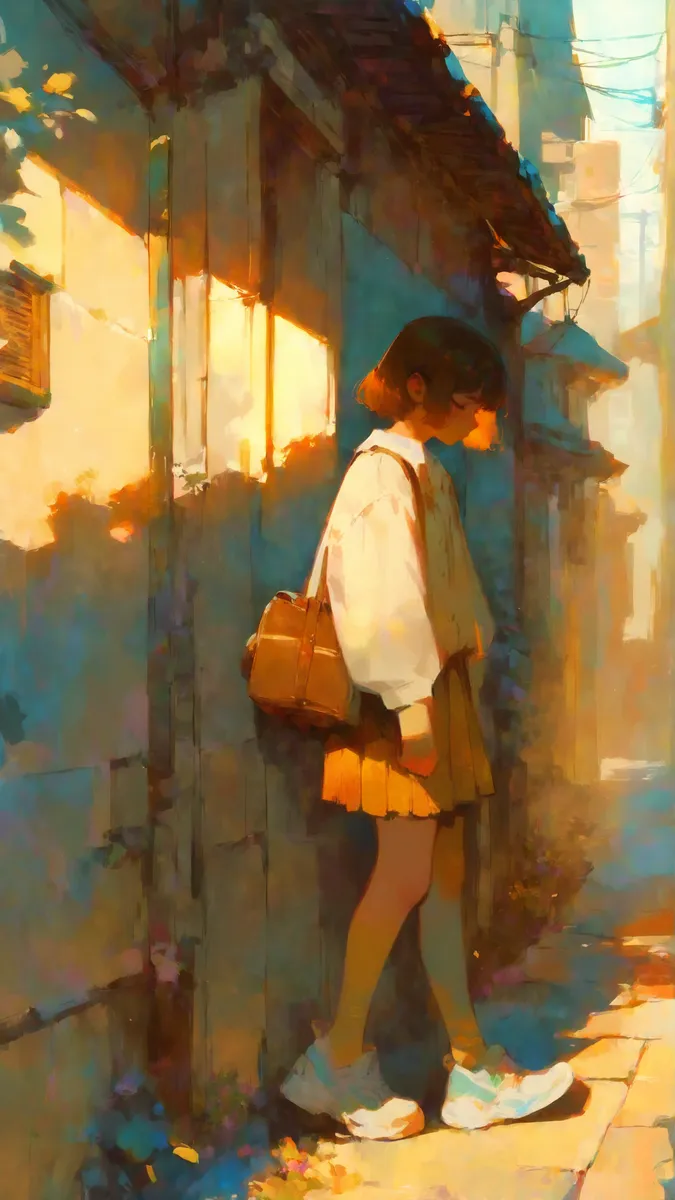 A young girl with short brown hair wearing a casual jacket, pleated skirt, and sneakers walks along a sunlit narrow urban alley with warm pastel tones and soft shadows.