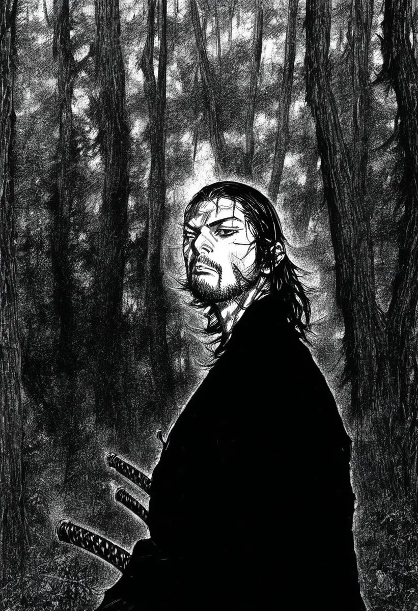 Black and white three-quarters portrait of Miyamoto Musashi dressed as a samurai, standing in a dense jungle with tall trees in the background.